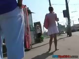 Hot upskirt voyeured at the bus stop