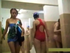 Teens and moms in public shower room