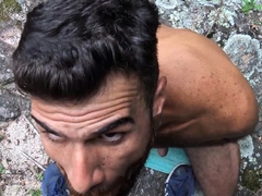 Bearded stud sucking a strangers big cock outdoor